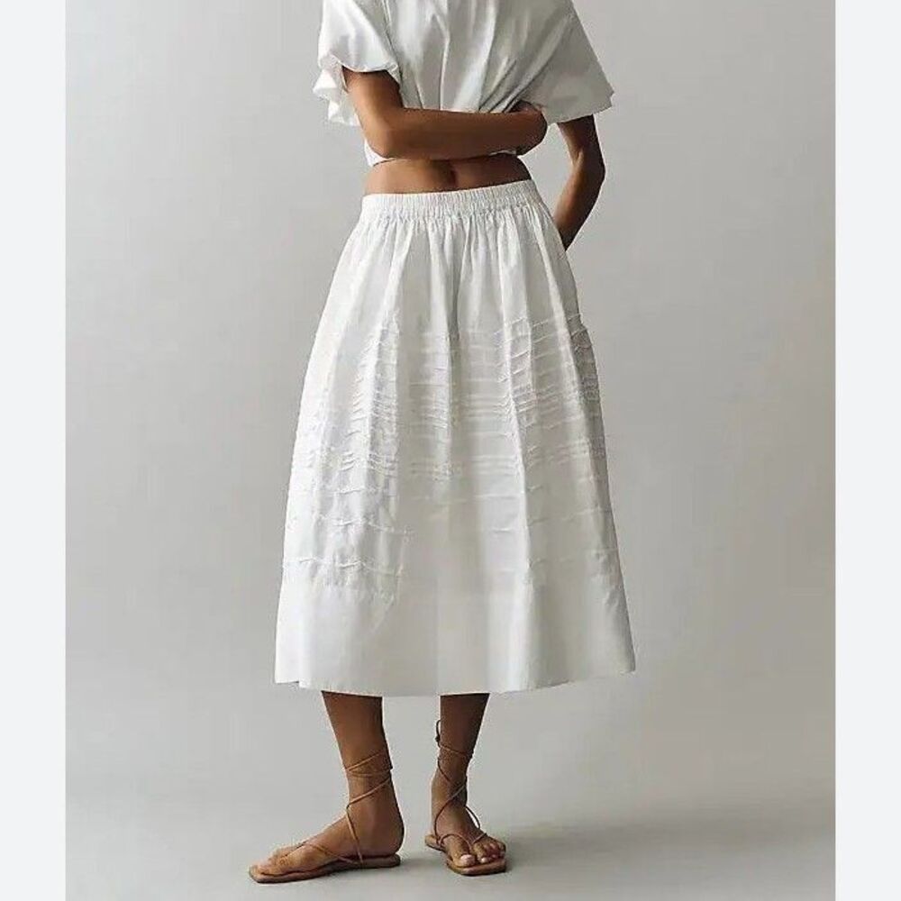 Anthropologie Maeve Cotton Pintuck Women's Midi Skirt Pull-On Solid M 291683 - Picture 1 of 8